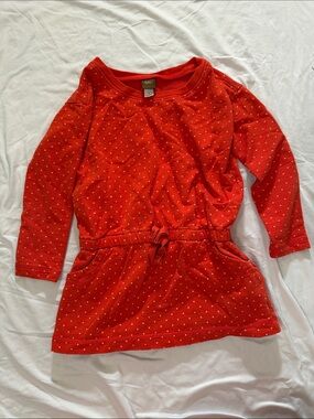 Girls Red Dot-Print Long Sleeve Sweatshirt Dress with Waist Tie